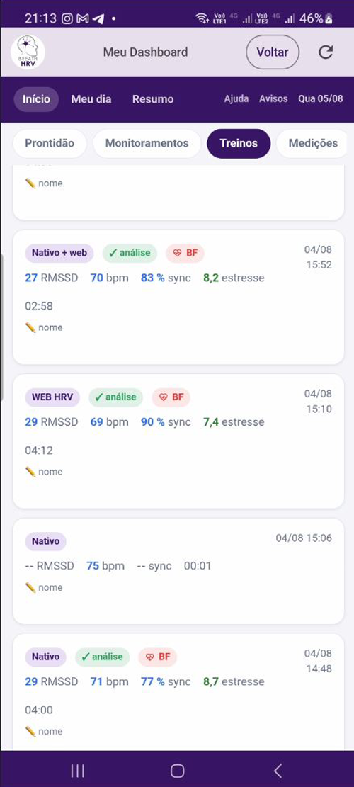 Exemplo de visualização: dashboard do BreathHRV com tendências e histórico de sessões