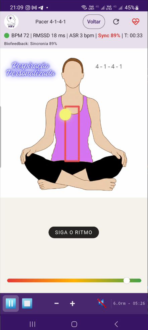 Exemplo de visualização: tela de treino do BreathHRV com pacer respiratório e biofeedback ao vivo