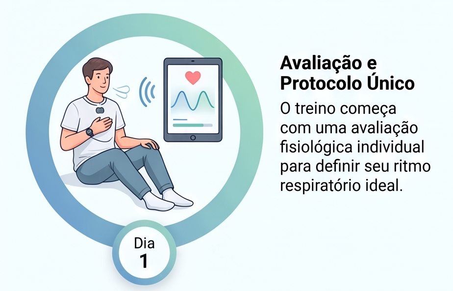 Ilustração da fase de avaliação: monitoramento fisiológico individual usado para definir o ritmo respiratório e o protocolo de treino.