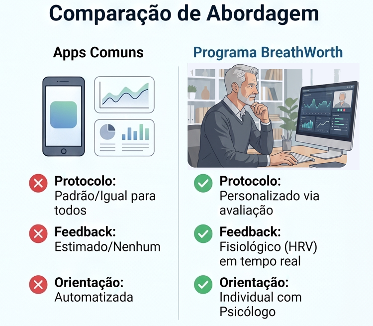 Comparação ilustrativa entre aplicativos genéricos e o programa BreathWorth: protocolo padrão versus personalizado via avaliação, feedback estimado versus fisiológico (HRV) em tempo real, orientação automatizada versus individual com psicólogo.
