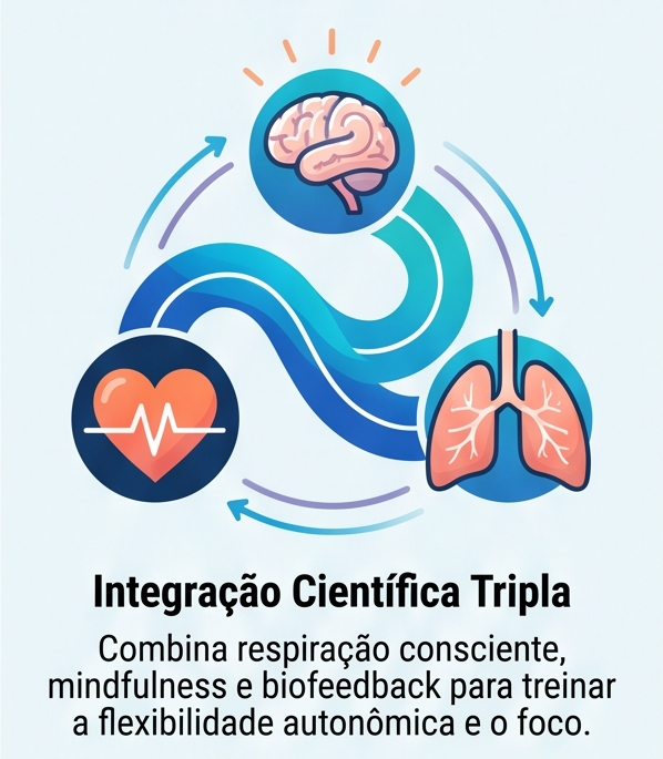 Ilustração: integração entre respiração consciente, mindfulness e biofeedback para treinar a flexibilidade autonômica e o foco.