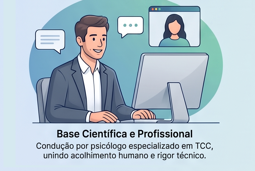 Ilustração de um encontro online individual entre profissional e participante.